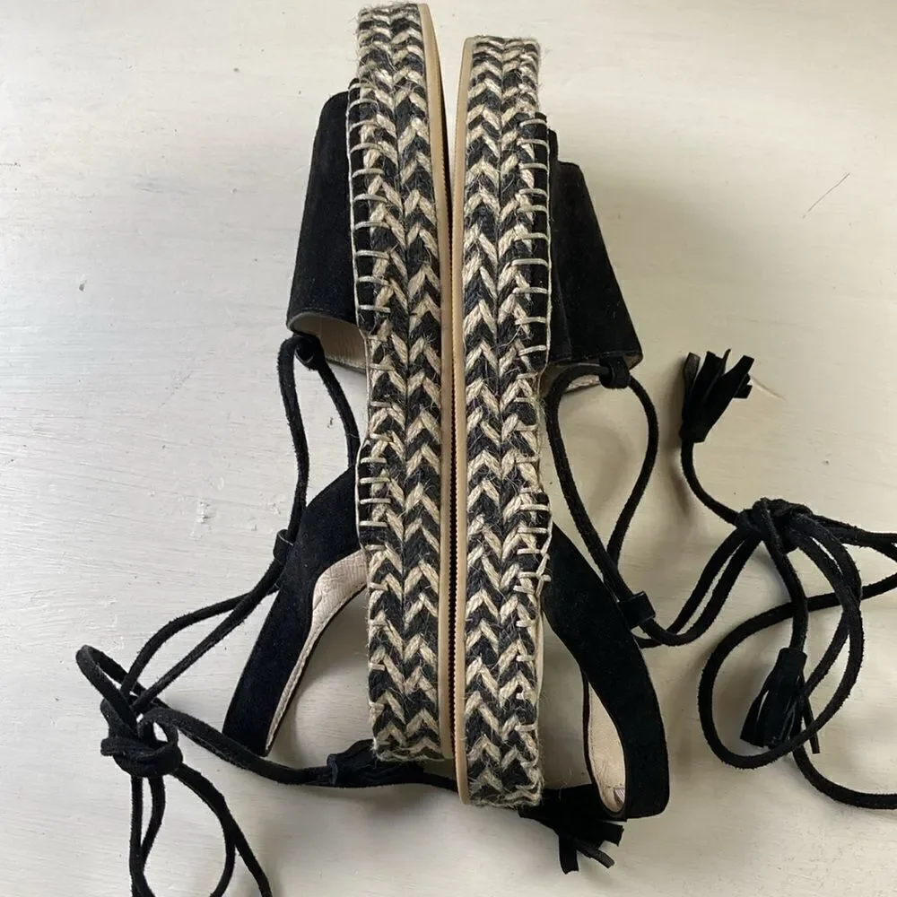 Revole Raye Espadrilles Black Leather Suede Lace up Tassel Detail Size 8.5